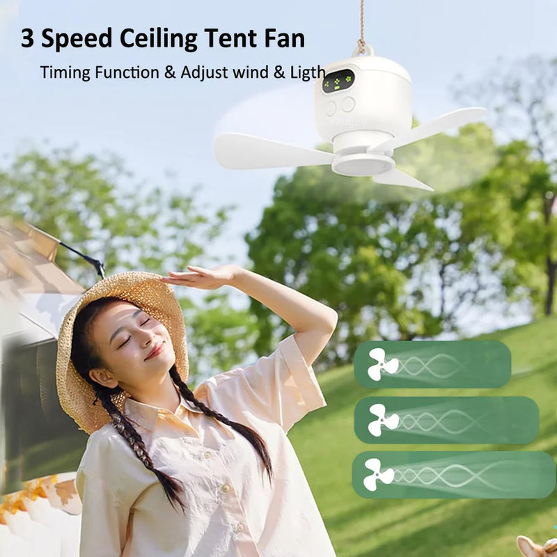 Ventilador Portátil 3 em 1 com Luz e Controle – Ideal para Camping, Tendas e Ambientes Externos