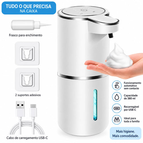 Dispensador automático de sabão RecantoLar 380 ml com kit incluído: frasco de enchimento, suportes adesivos e cabo USB-C