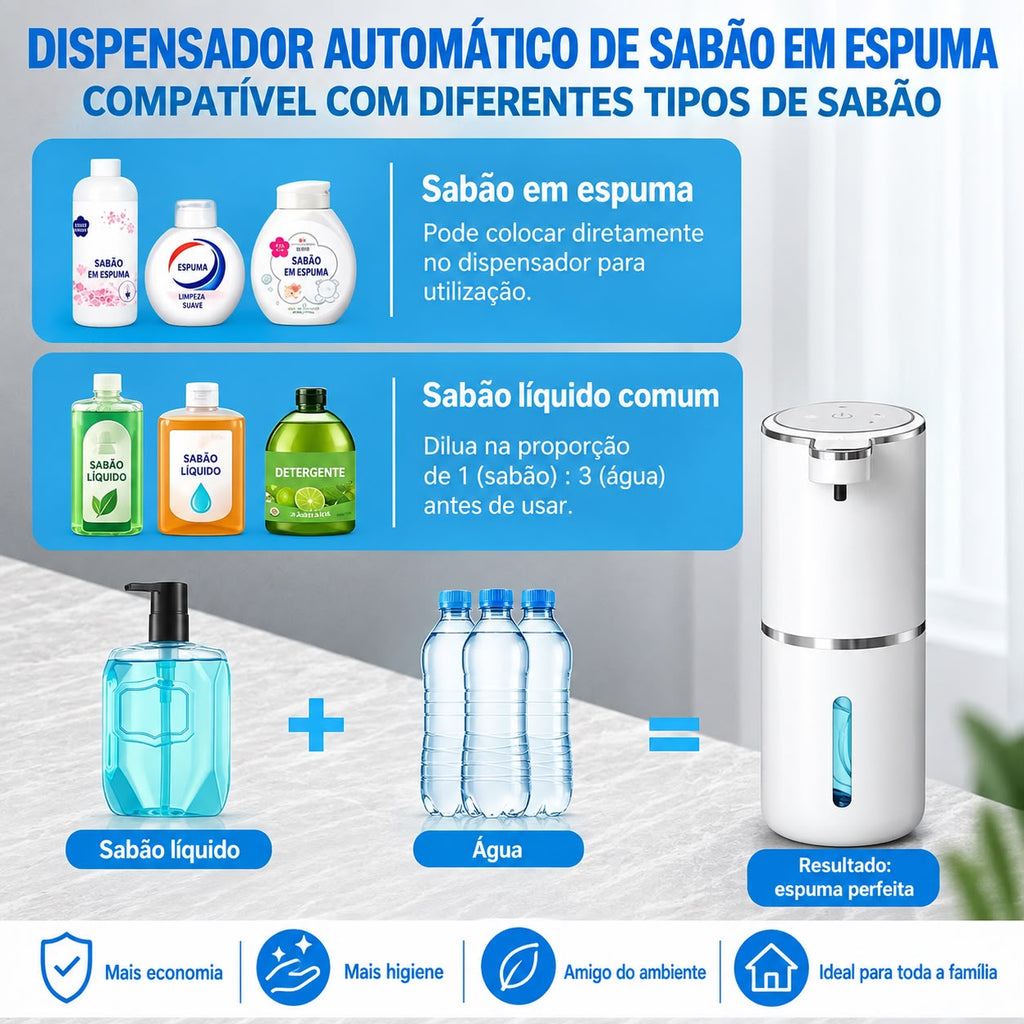 Dispensador RecantoLar compatível com sabão em espuma ou sabão líquido diluído em água